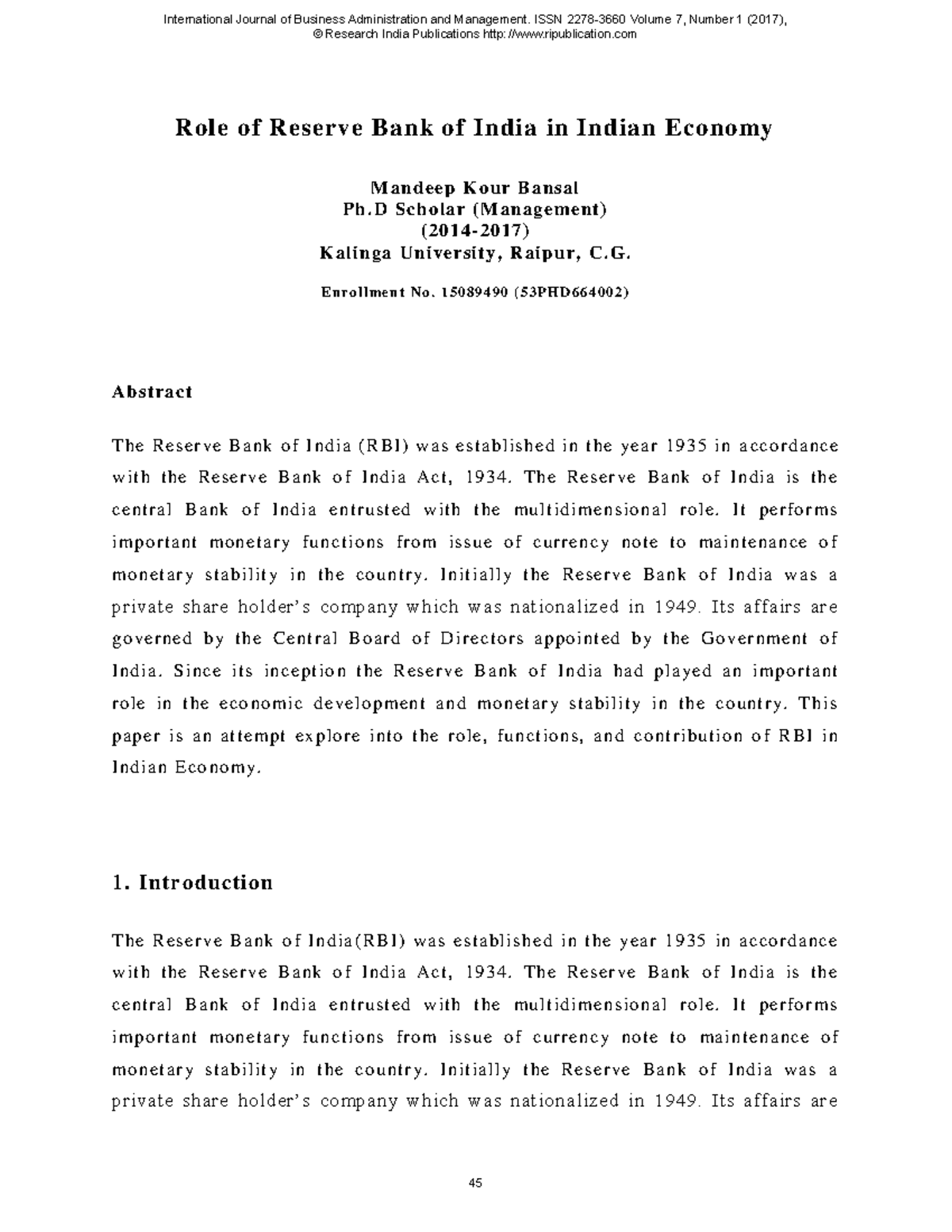 research paper on reserve bank of india