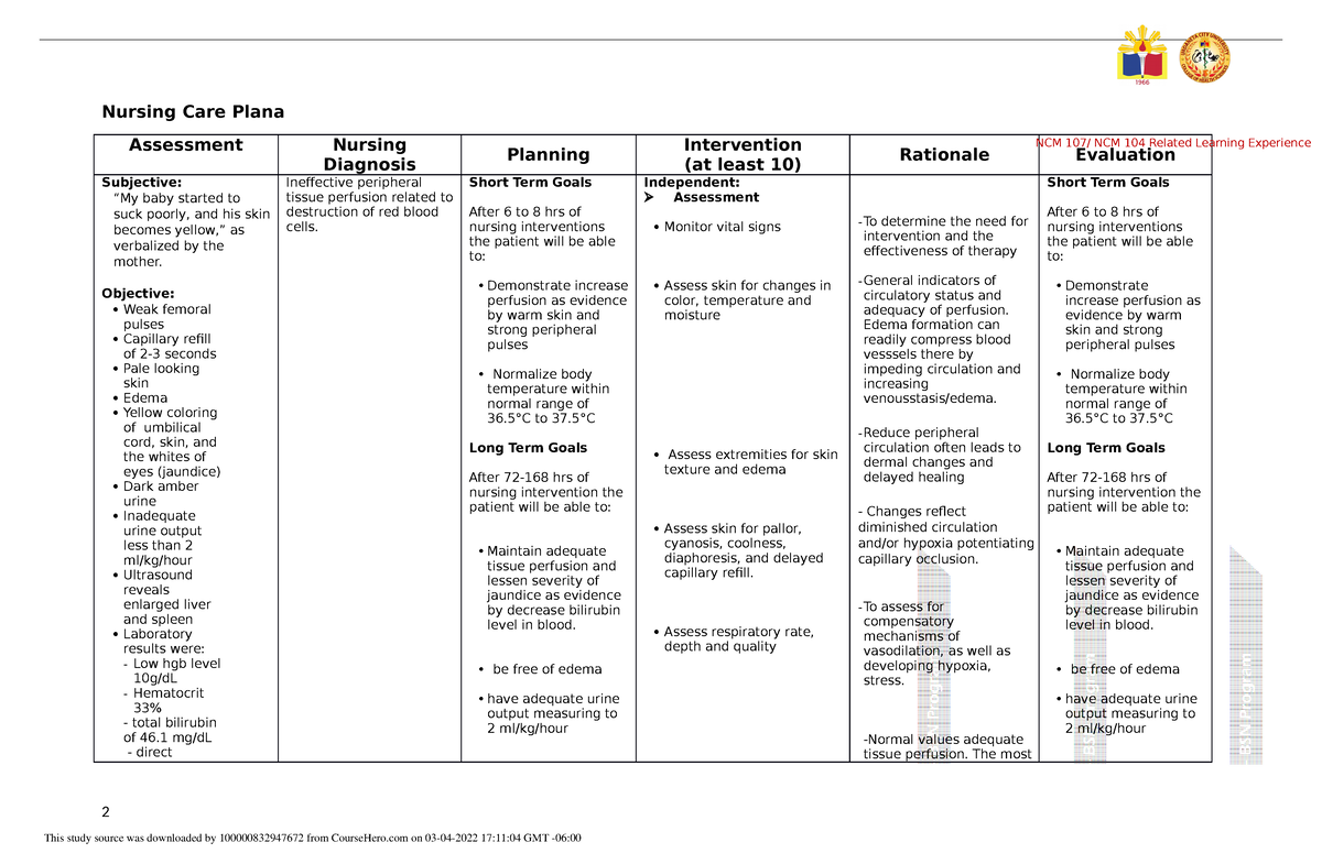 HDN NCP CASE PRES Ineffective Peripheral Tissue Perfusion Nursing 