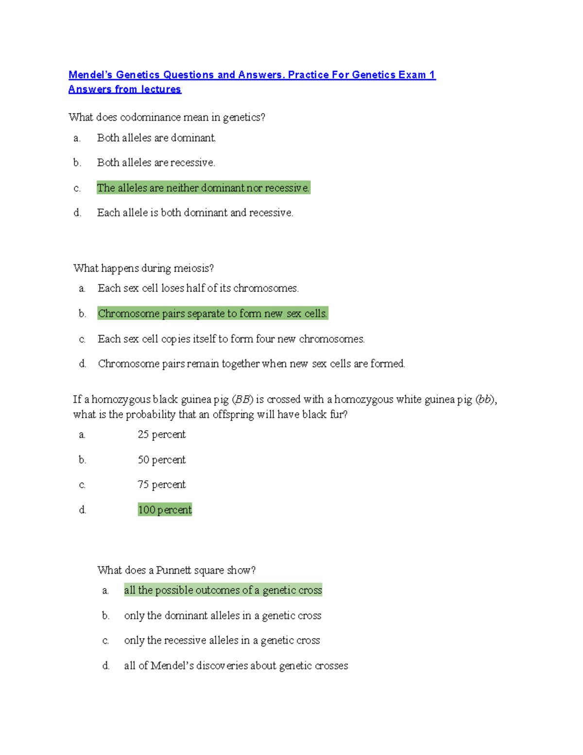 Bio 222 Q And A From Lecture Chap 1 - Google Docs - Mendel’s Genetics ...