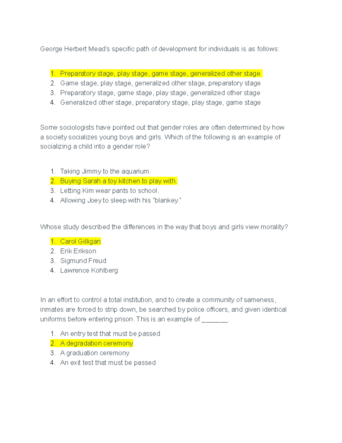 Exam 3 Study Guide (With Answers) Herbert Mead’s specific path
