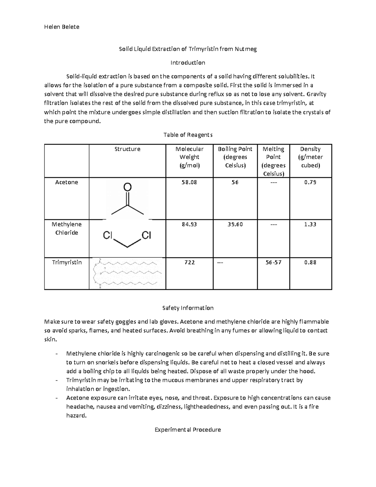 Solid Liquid Extraction of Trimyristin from Nutmeg Studocu