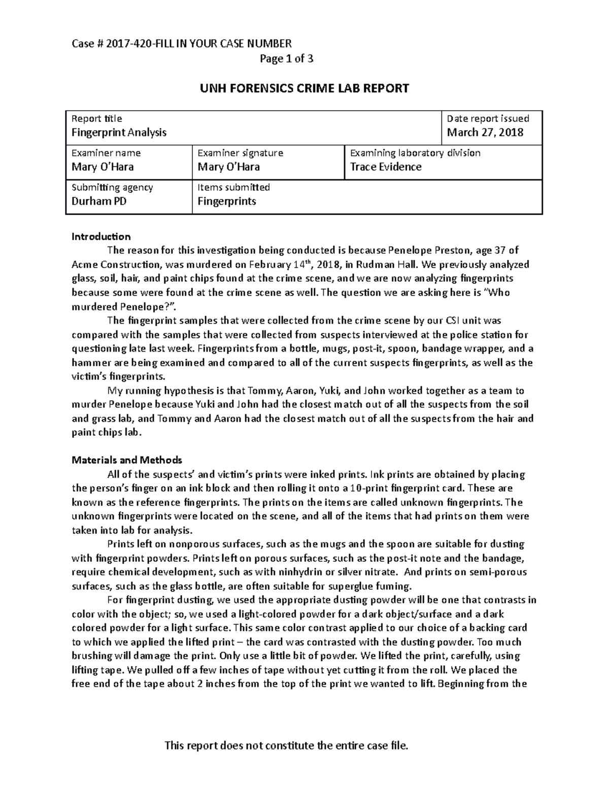 Fingerprint Lab Report Case In Your Case Number Page 1 Of 3 Unh