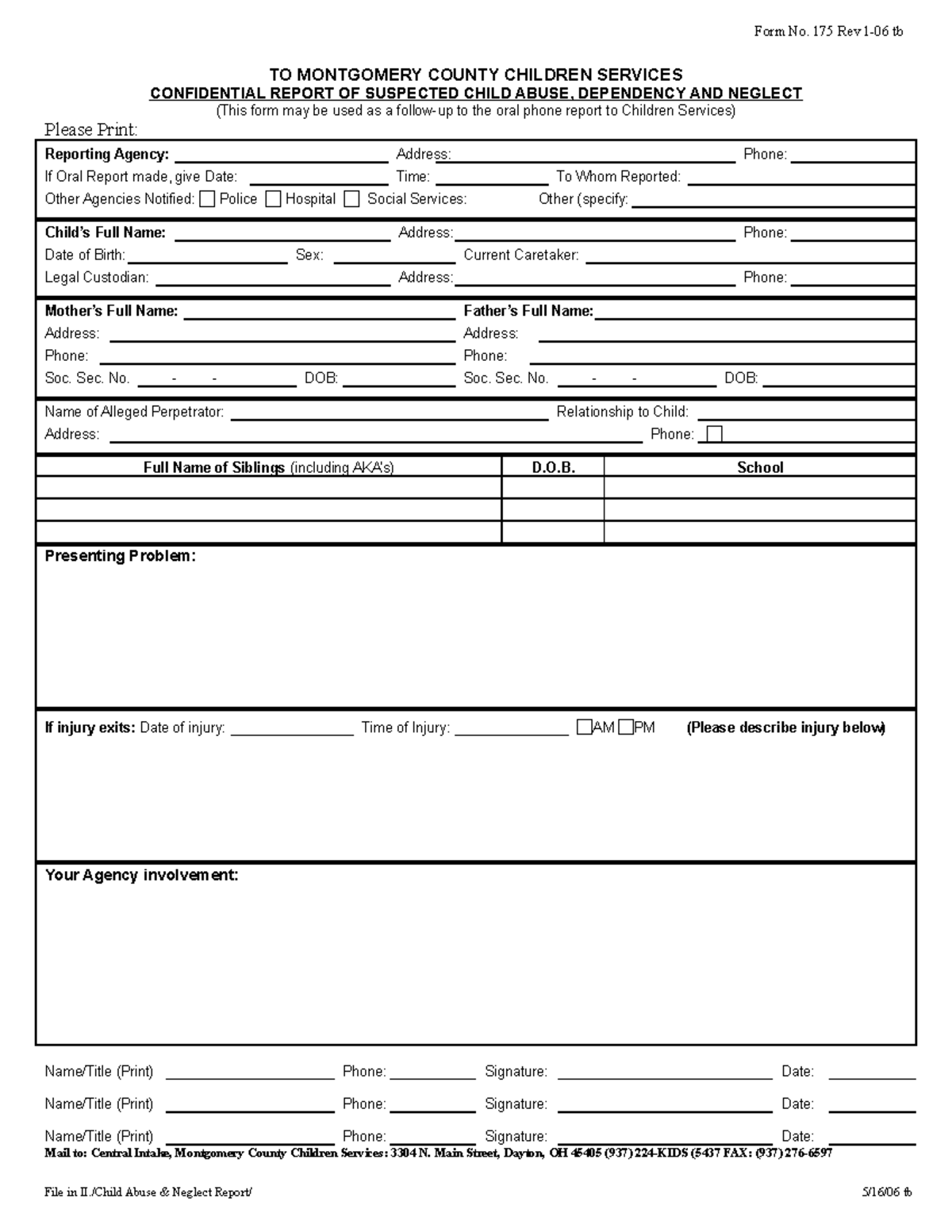 Confidential Report of Suspected Child Abuse & Neglect - Form No. 175 ...