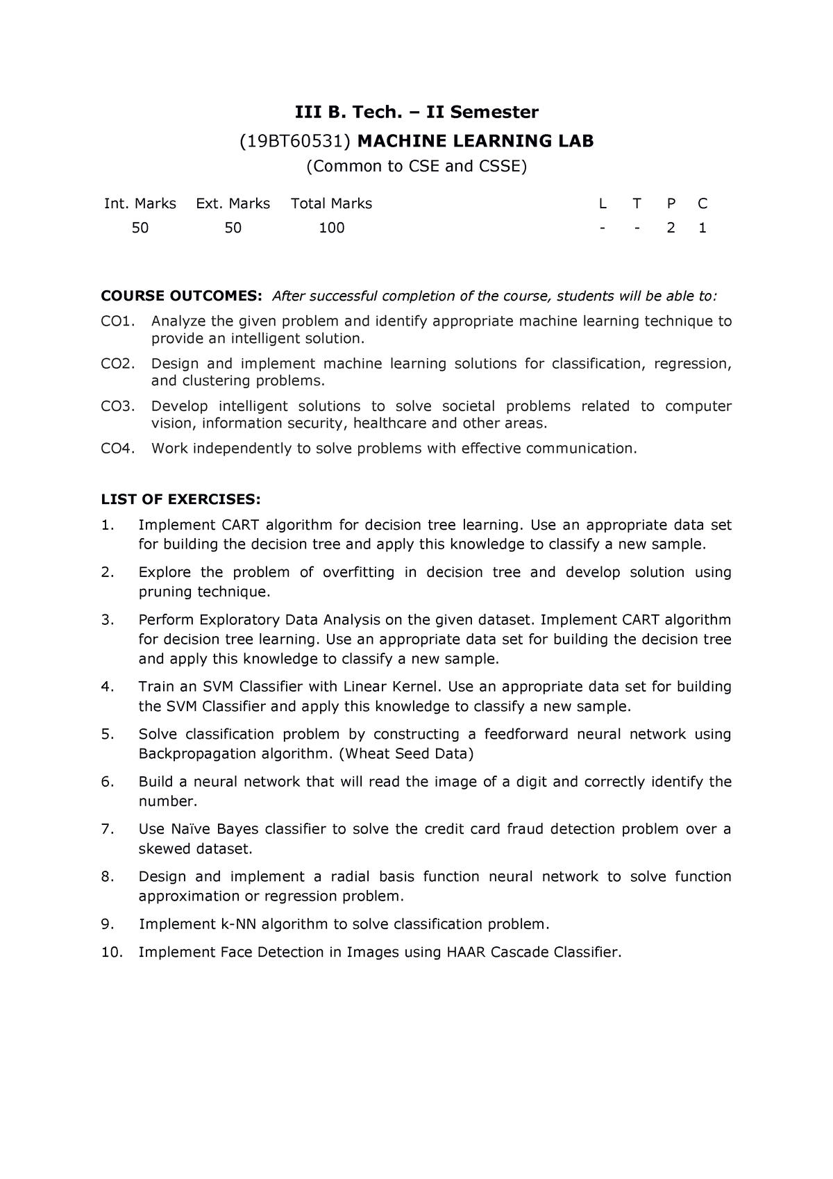 ML Lab - List Of Experiments - III B. Tech. – II Semester (19BT60531 ...