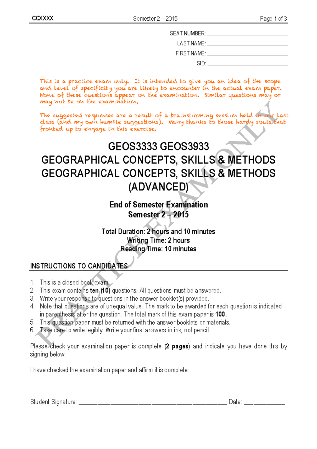 Sample/practice exam 2015, questions and answers - Semester 2 2015 Page ...
