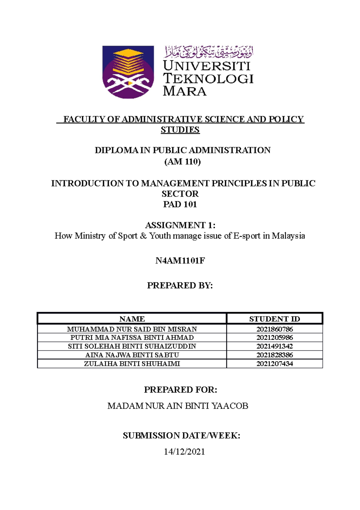 Assignment PAD 101 - enjoyy - FACULTY OF ADMINISTRATIVE SCIENCE AND ...