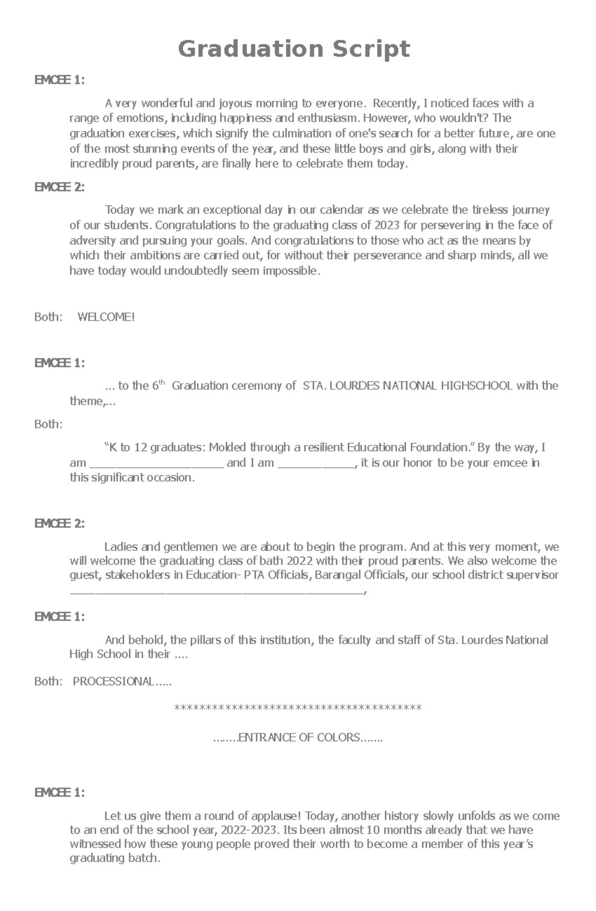 Graduation Ceremony Script