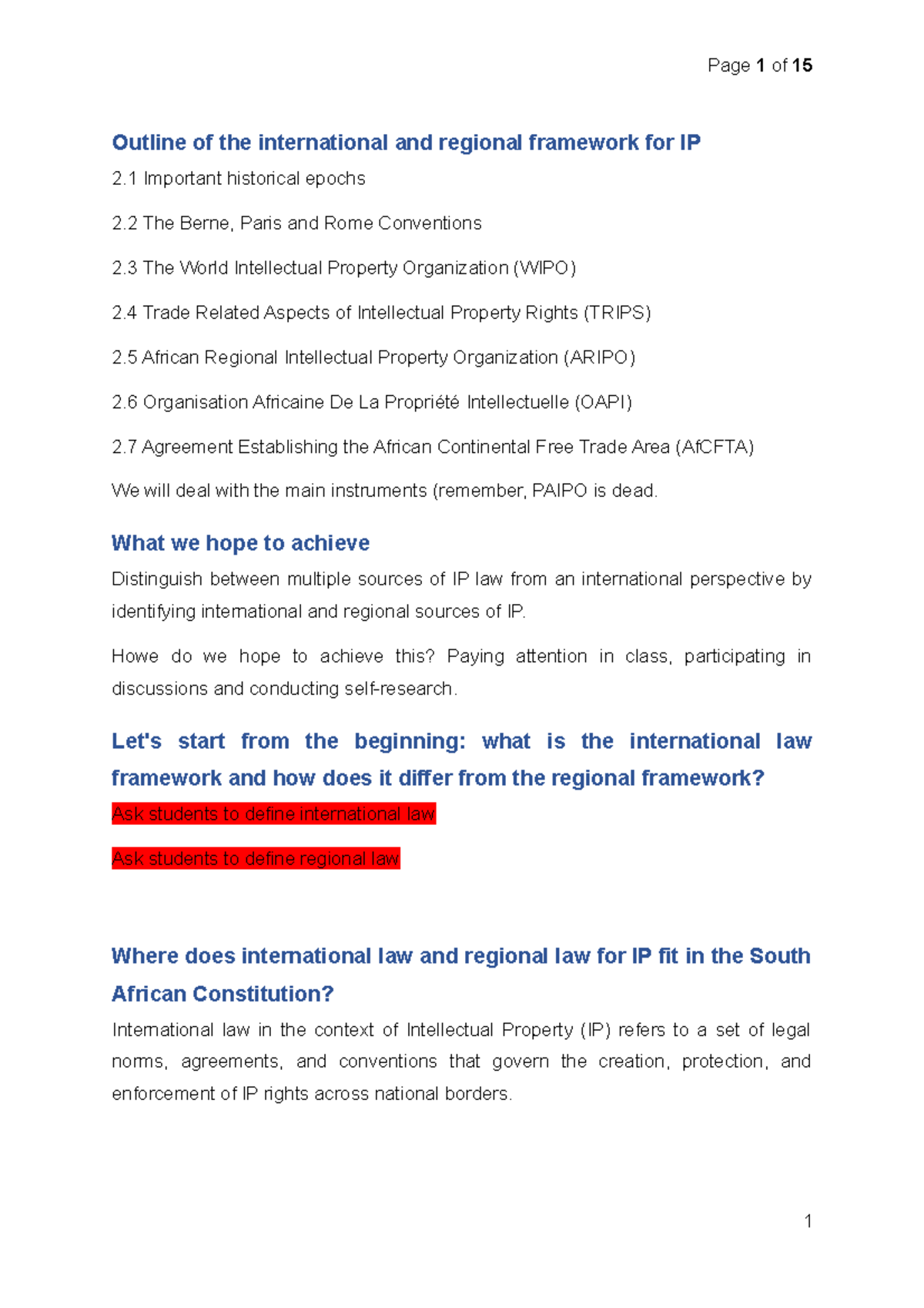 Teaching notes IP - Outline of the international and regional framework ...