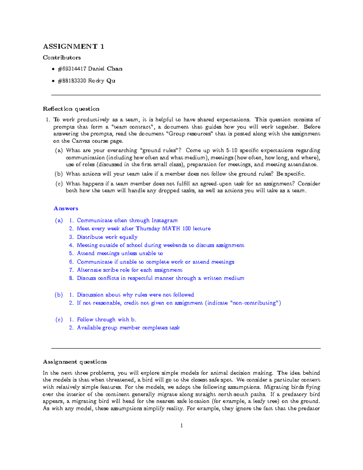 MATH 100 Present Students - ASSIGNMENT 1 Contributors #69314417 Daniel ...