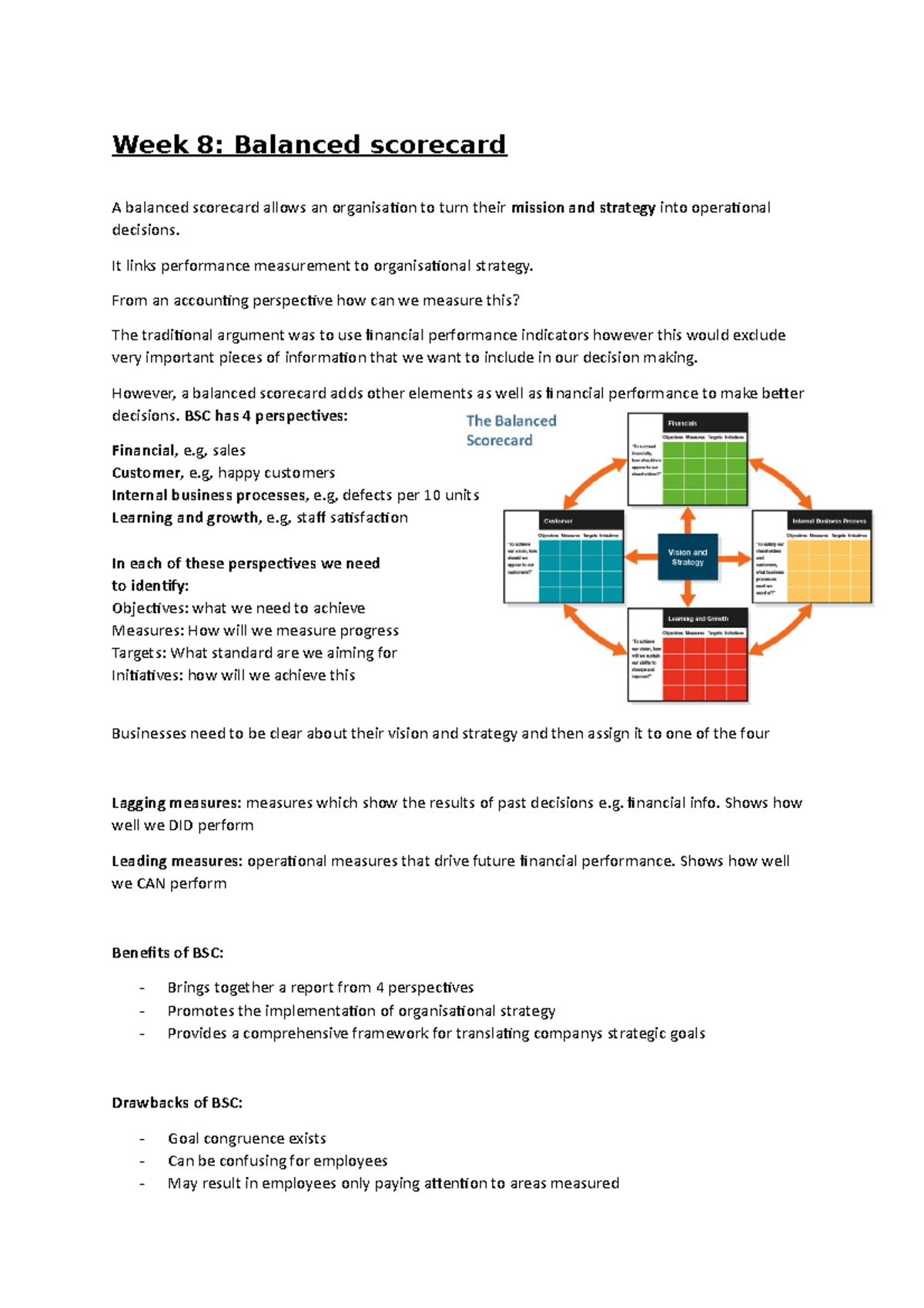 Management accounting notes all weeks - Week 8: Balanced scorecard A ...