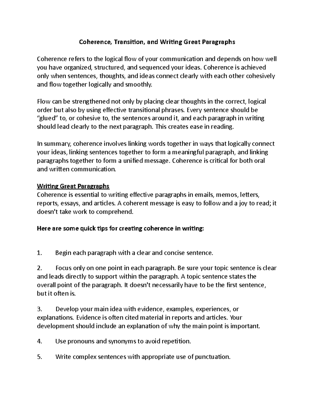 Coherence, Transition, Paragraphs Notes - Coherence, Transition, and ...