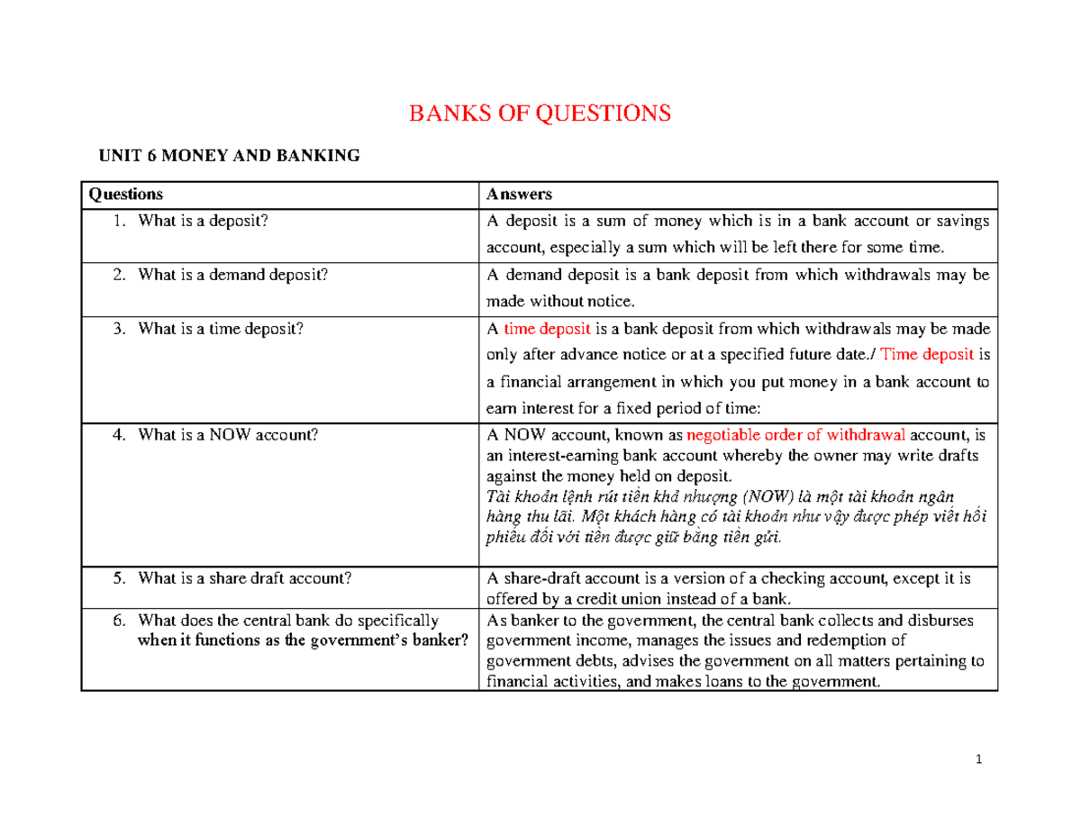 Banks OF Questions 20222023 BANKS OF QUESTIONS UNIT 6 MONEY AND BANKING Questions Answers 1
