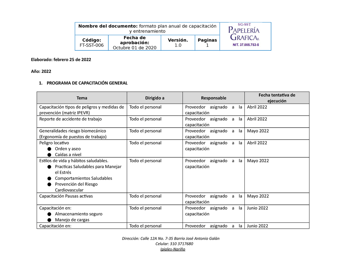 Plan De Anual De Capacitación Y Entrenamiento Sst 2022 Y