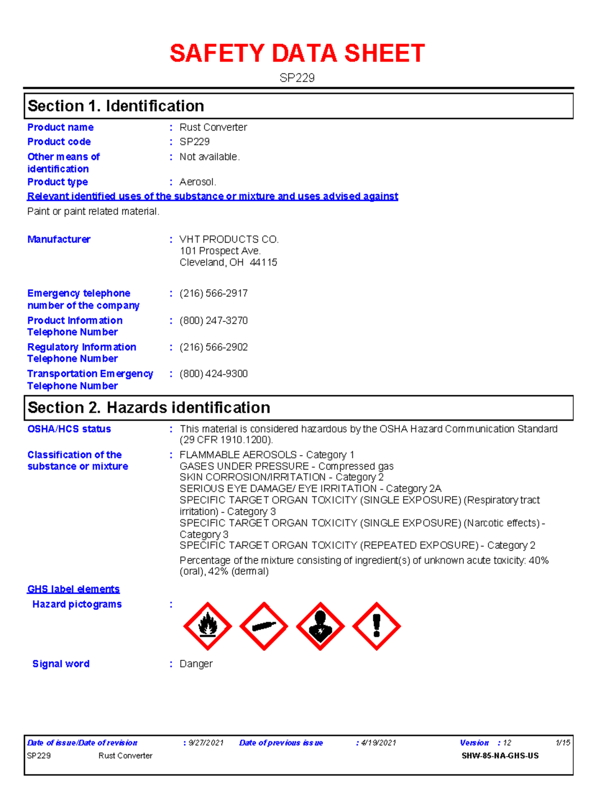 VHT Rust converter SDS - Rust Converter Not available. Aerosol. (216 ...