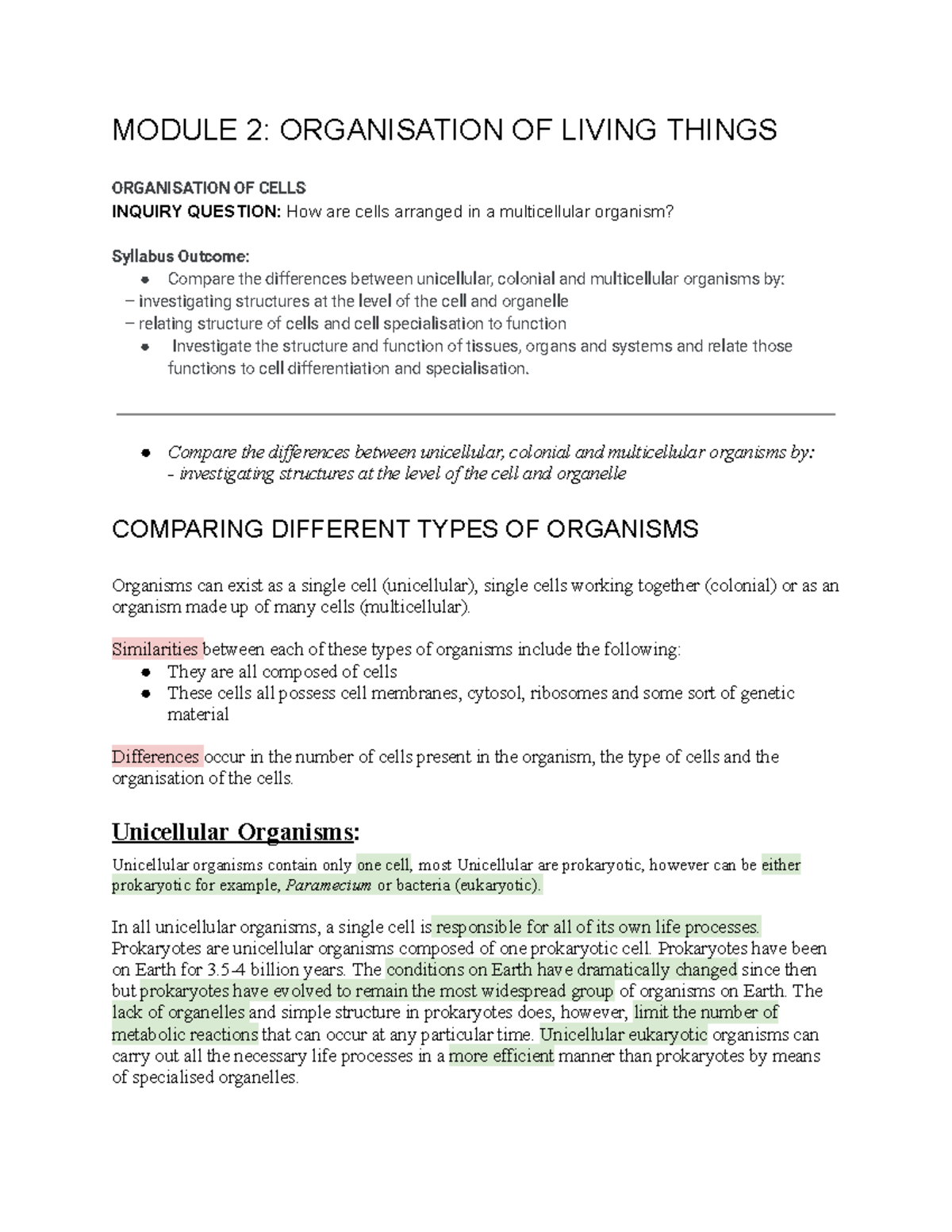 BIO MOD 2 - Organisation OF Living Things - MODULE 2: ORGANISATION OF ...
