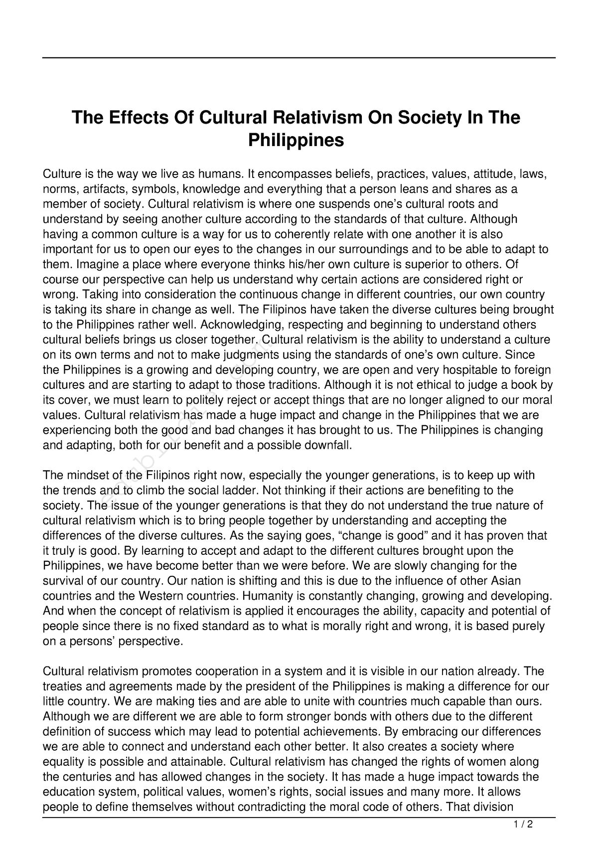 The effects of cultural relativism on society in the philippines - The ...