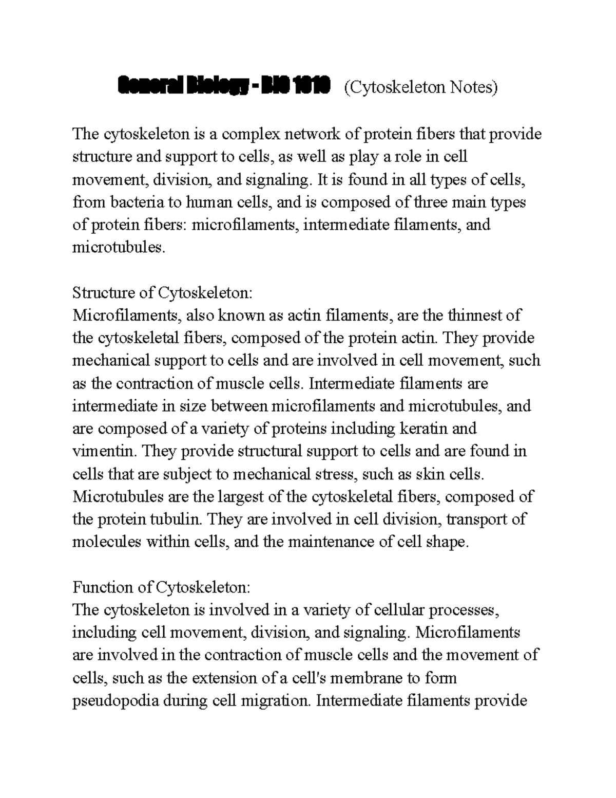 BIO - Cytoskeleton Notes - General Biology - BIO 1010 (Cytoskeleton ...