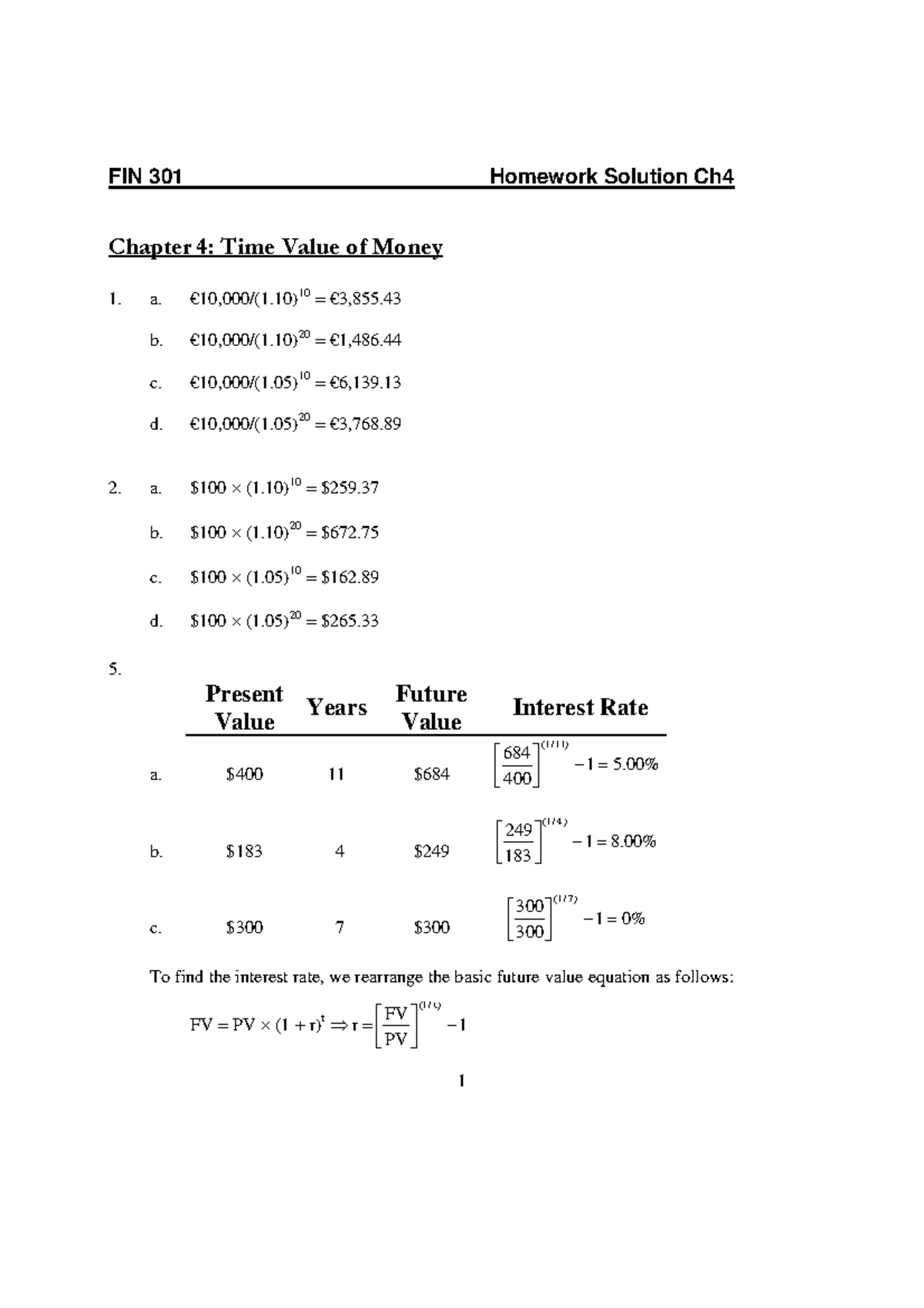 Financial Management Time Value of Money - FIN 301 Homework Solution Ch ...
