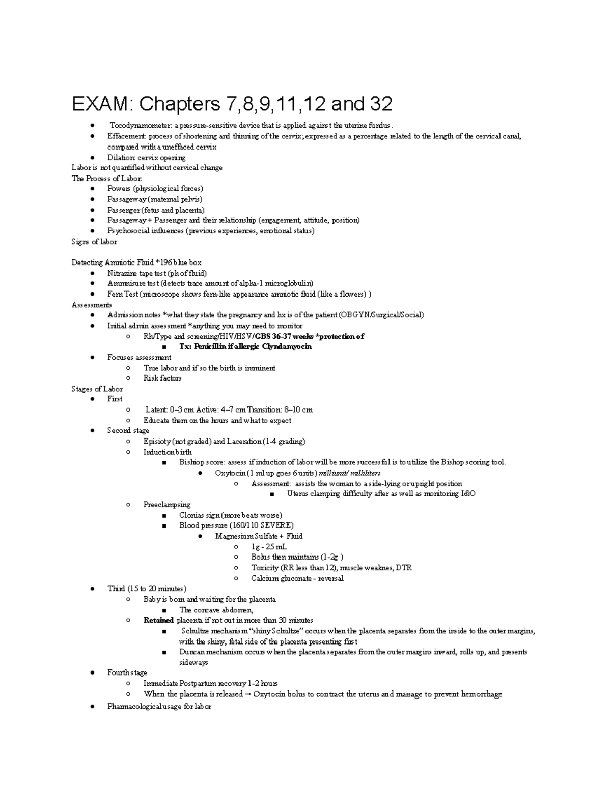 OB Notes 1 30 - N/a - EXAM: Chapters 7,8,9,11,12 and 32 Tocodynamometer ...