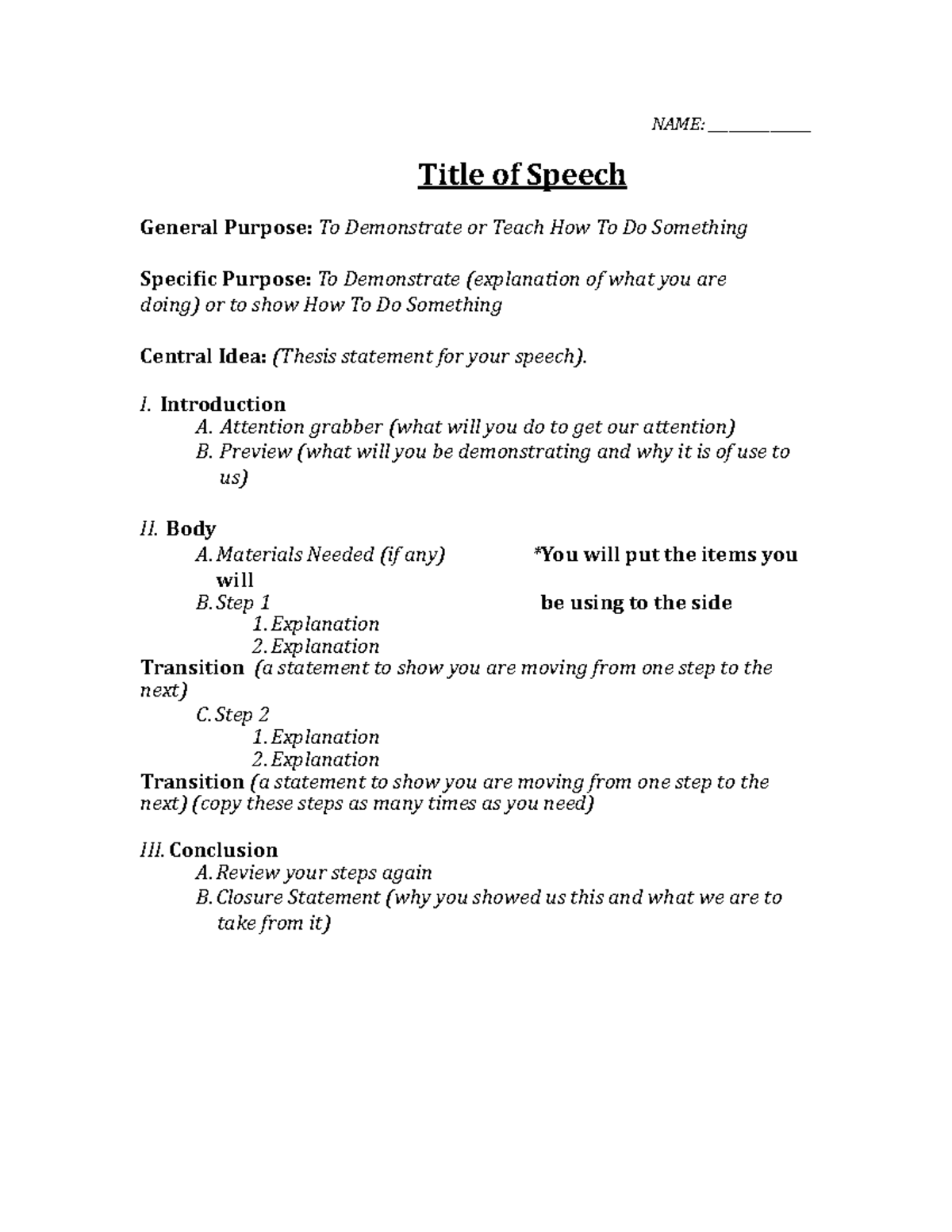 how to write title of speech