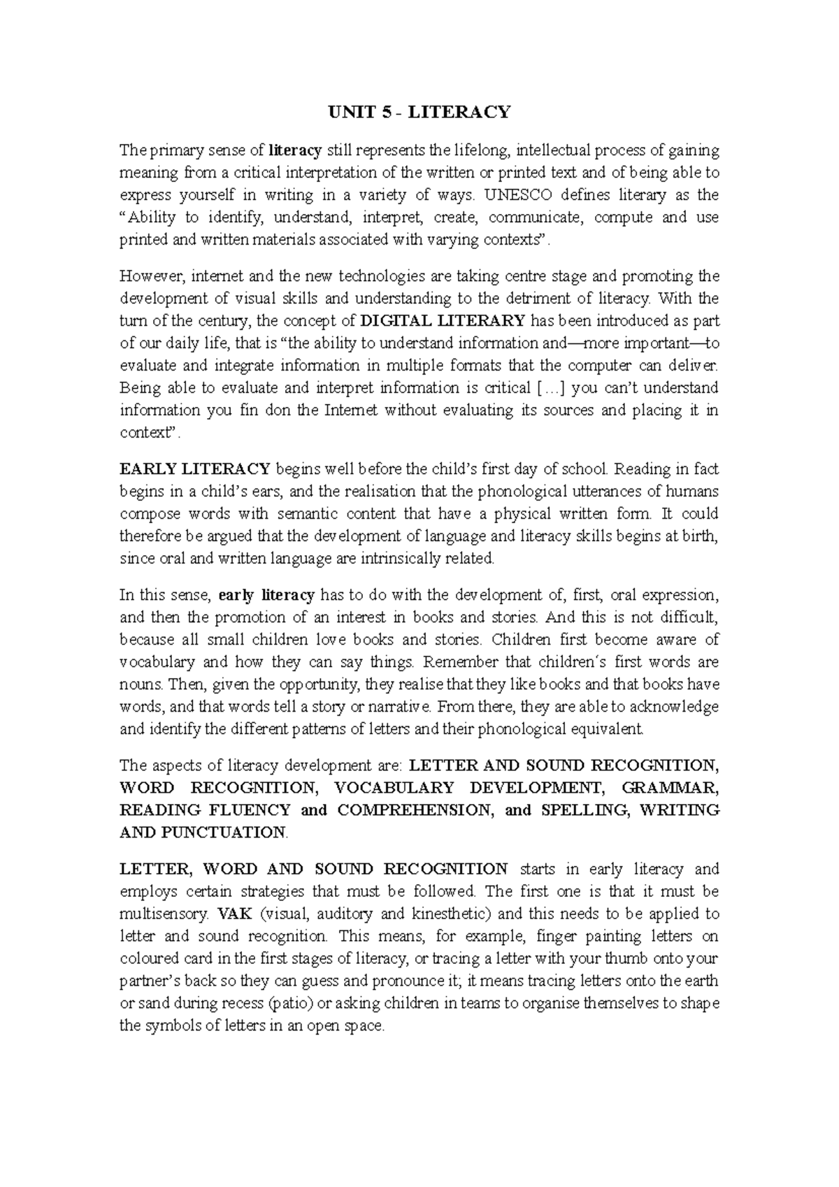 UNIT 5 Literacy, early literacy, reading, writing, shared writing