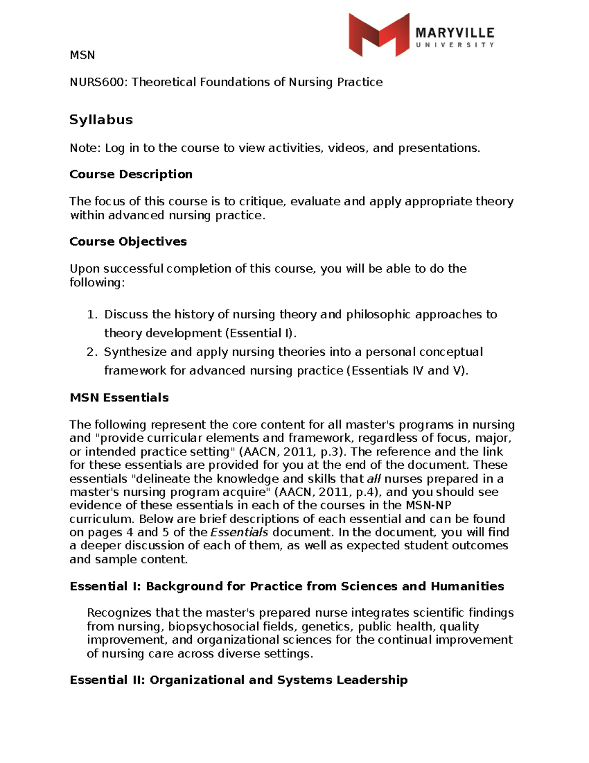 Syllabus nurs600 theoretical foundations of nursing practice