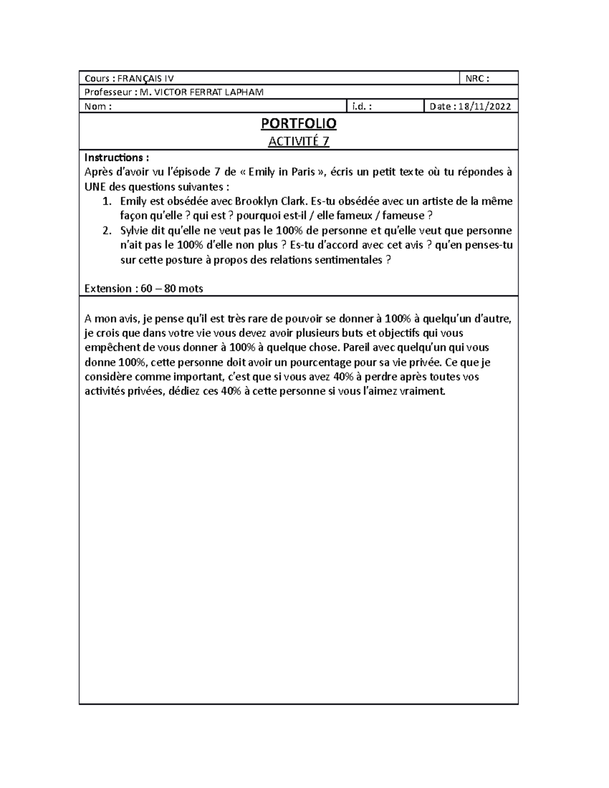 Portfolio A7 herm - TAREA - Cours : FRANÇAIS IV NRC : Professeur : M ...