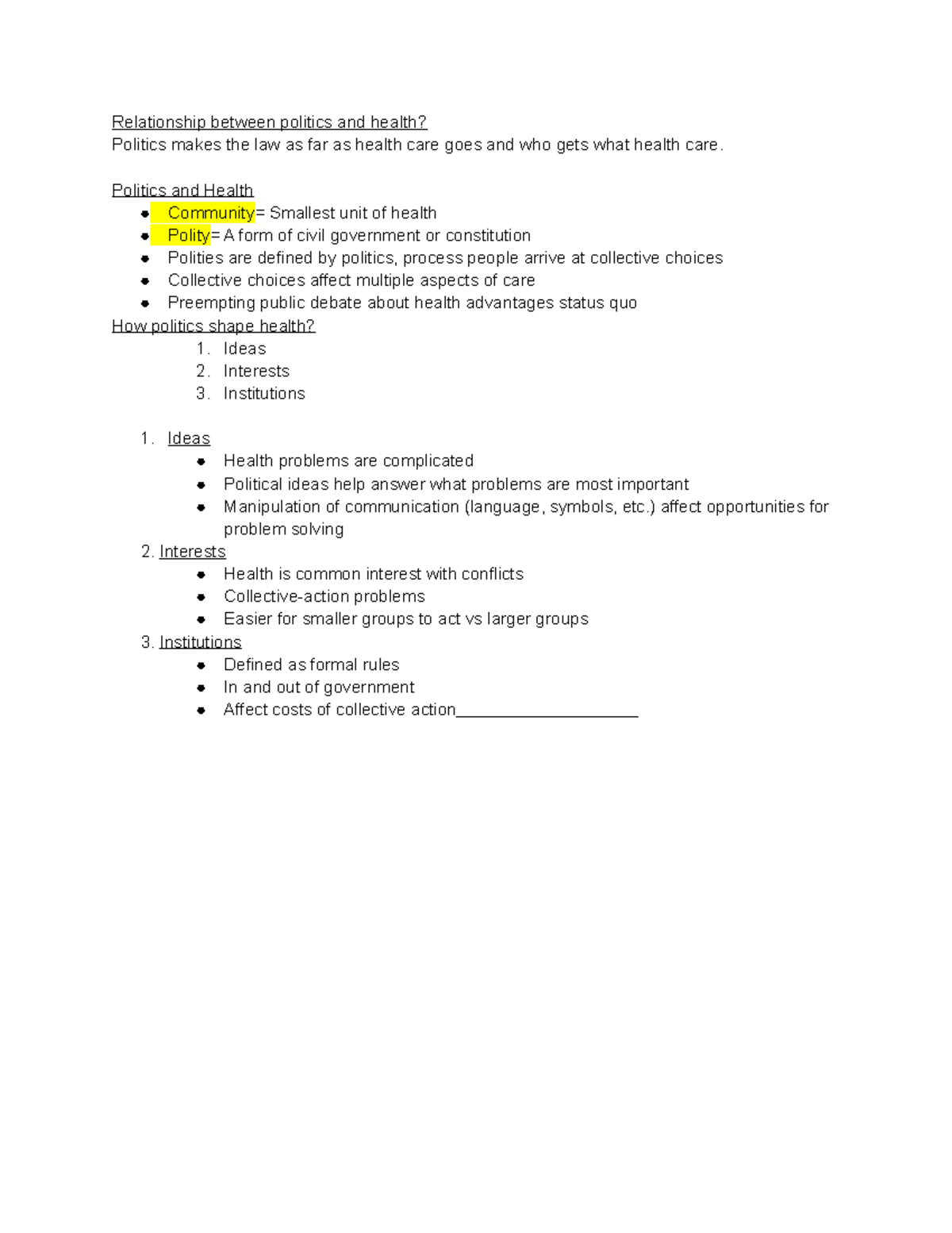Week 1 - Lecture notes 1 - Relationship between politics and health ...