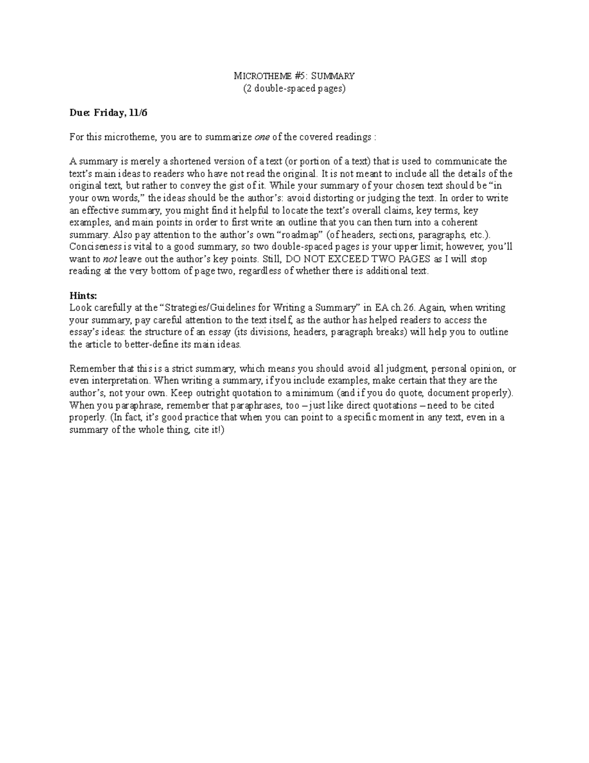 Microtheme 5 for English 101N - MICROTHEME #5: SUMMARY (2 double-spaced ...