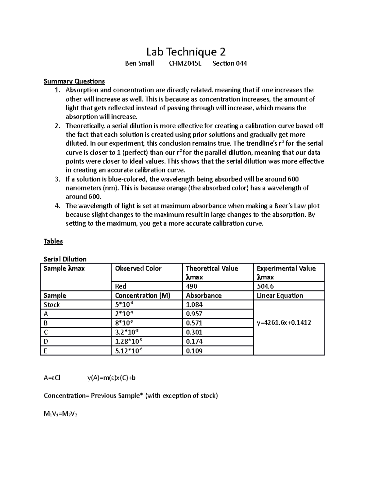 Lab Technique 2 Absorption and concentration are directly related
