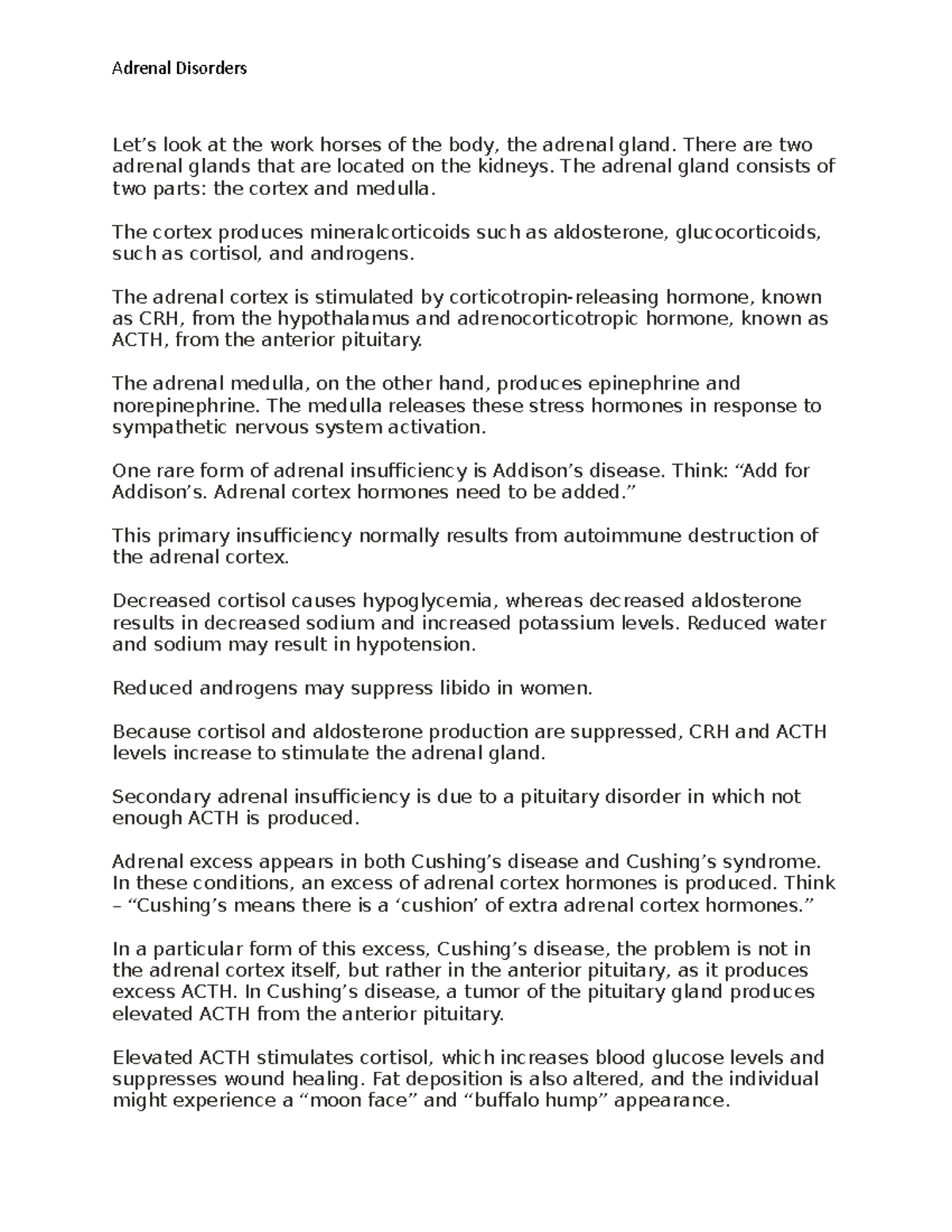 Adrenal Disorders summary Adrenal Disorders Let’s look at the work