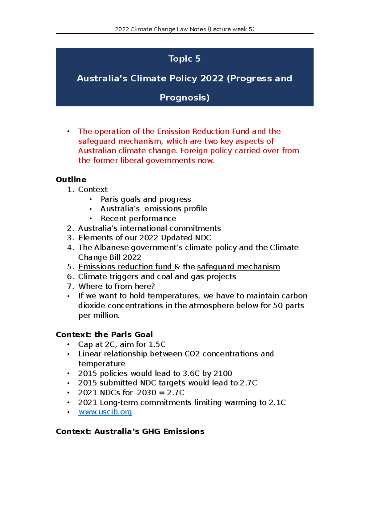 2022 Climate Change Law Notes (Lecture week 5) - LAW 2568 - Adelaide ...