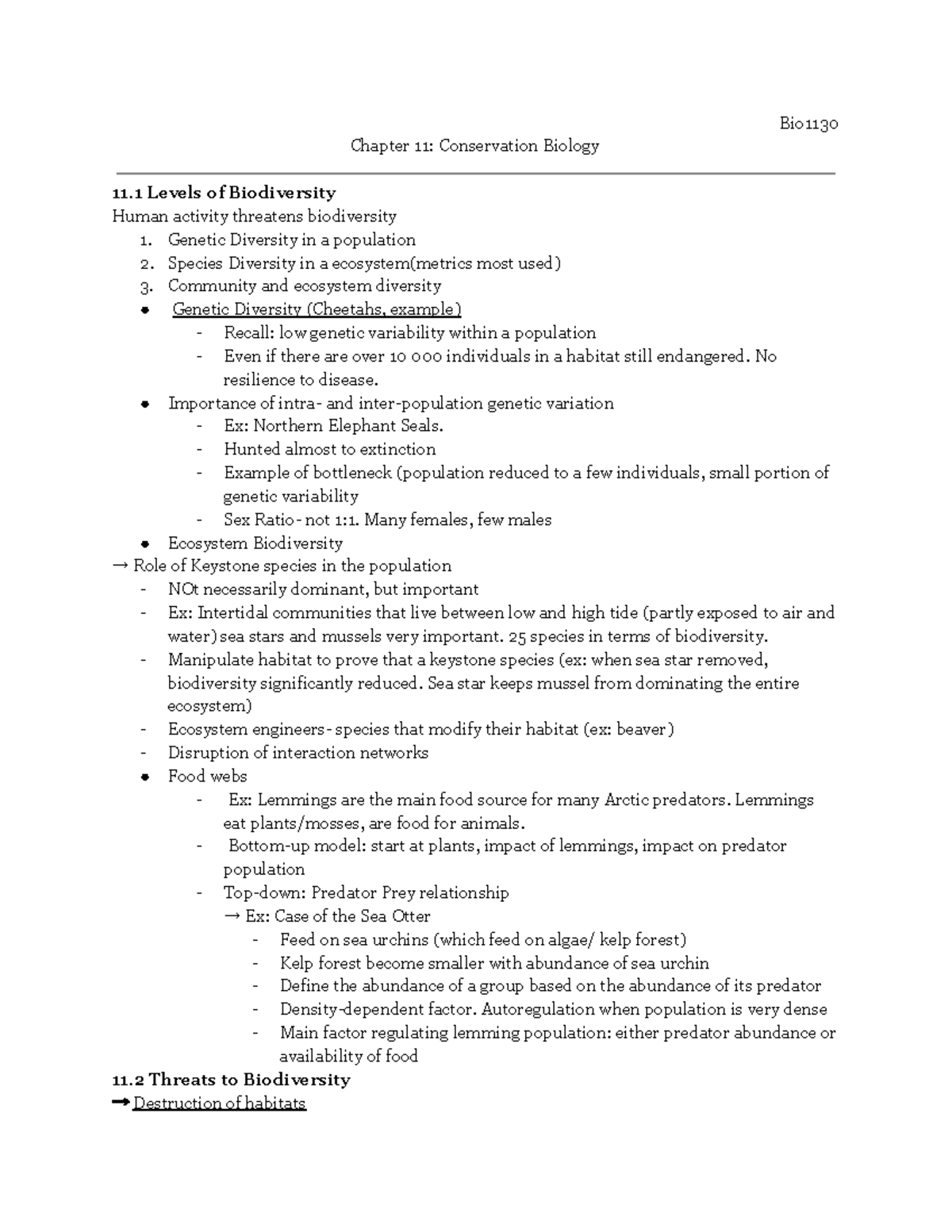 Bio1130- Chapter 11 - Bio Chapter 11: Conservation Biology 11 Levels of ...