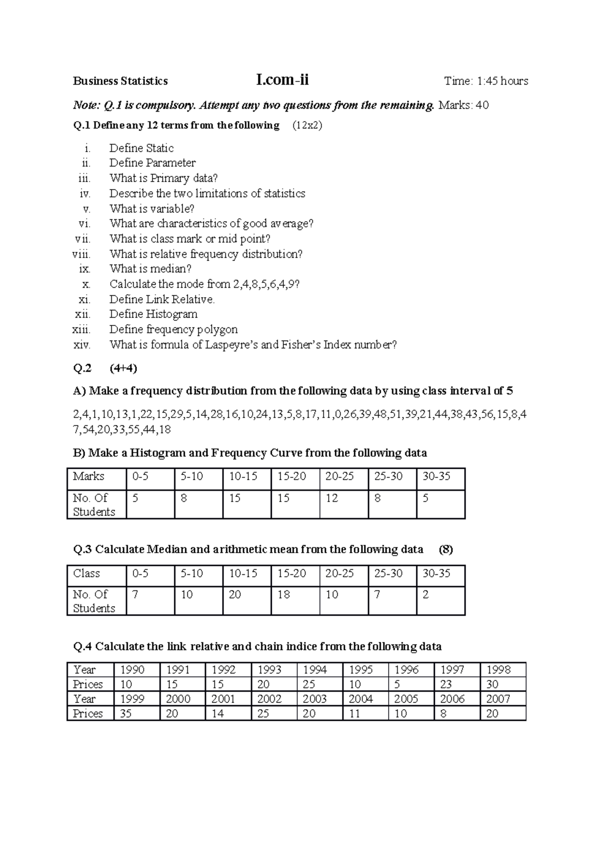 Business Stat - Business Statistics I-ii Time: 1:45 hours Note: Q is ...