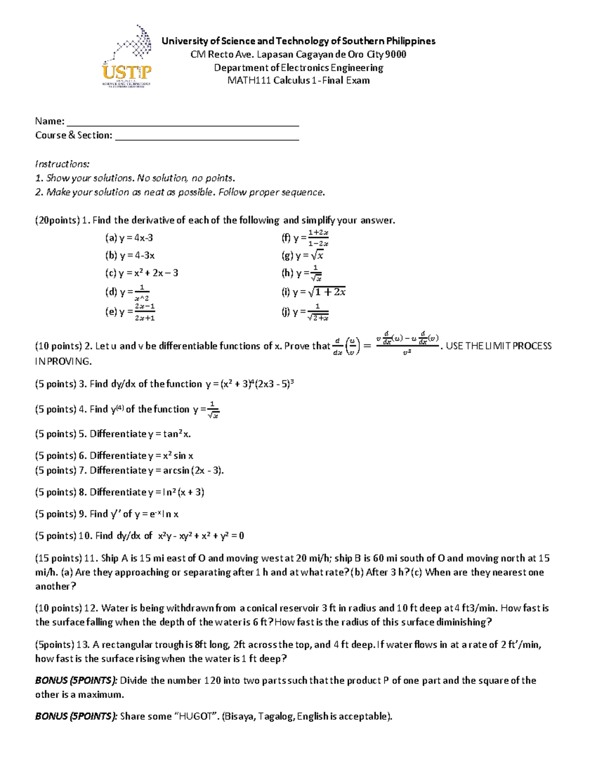 Calculus 1 Final EXAM University of Science and Technology of