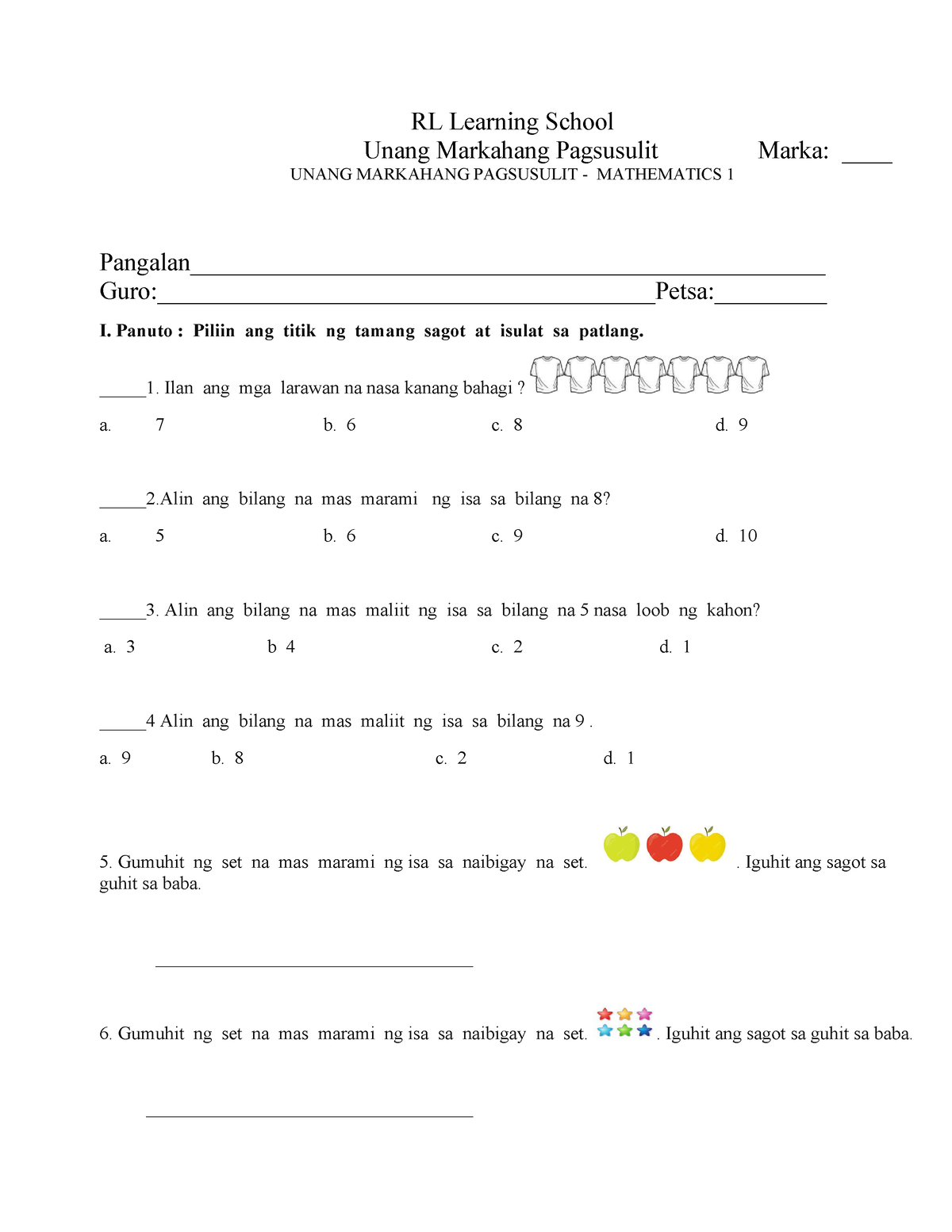 Math For Grade 1 - My First Periodical Exam I Made For My Students - RL Learning School Unang ...