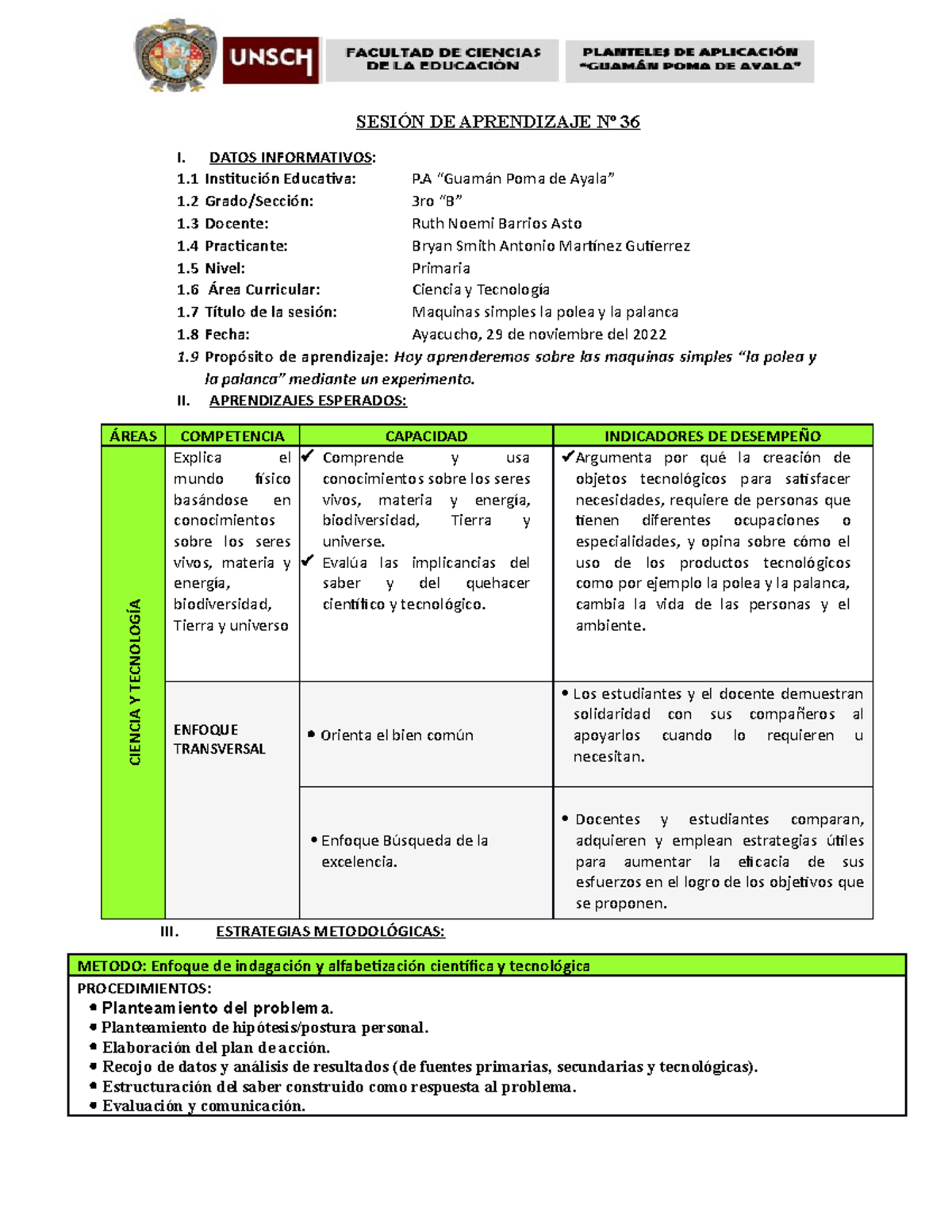 Sesión Ciencia Y Tecnología 36 SESIÓN DE APRENDIZAJE Nº 36 I DATOS INFORMATIVOS 1