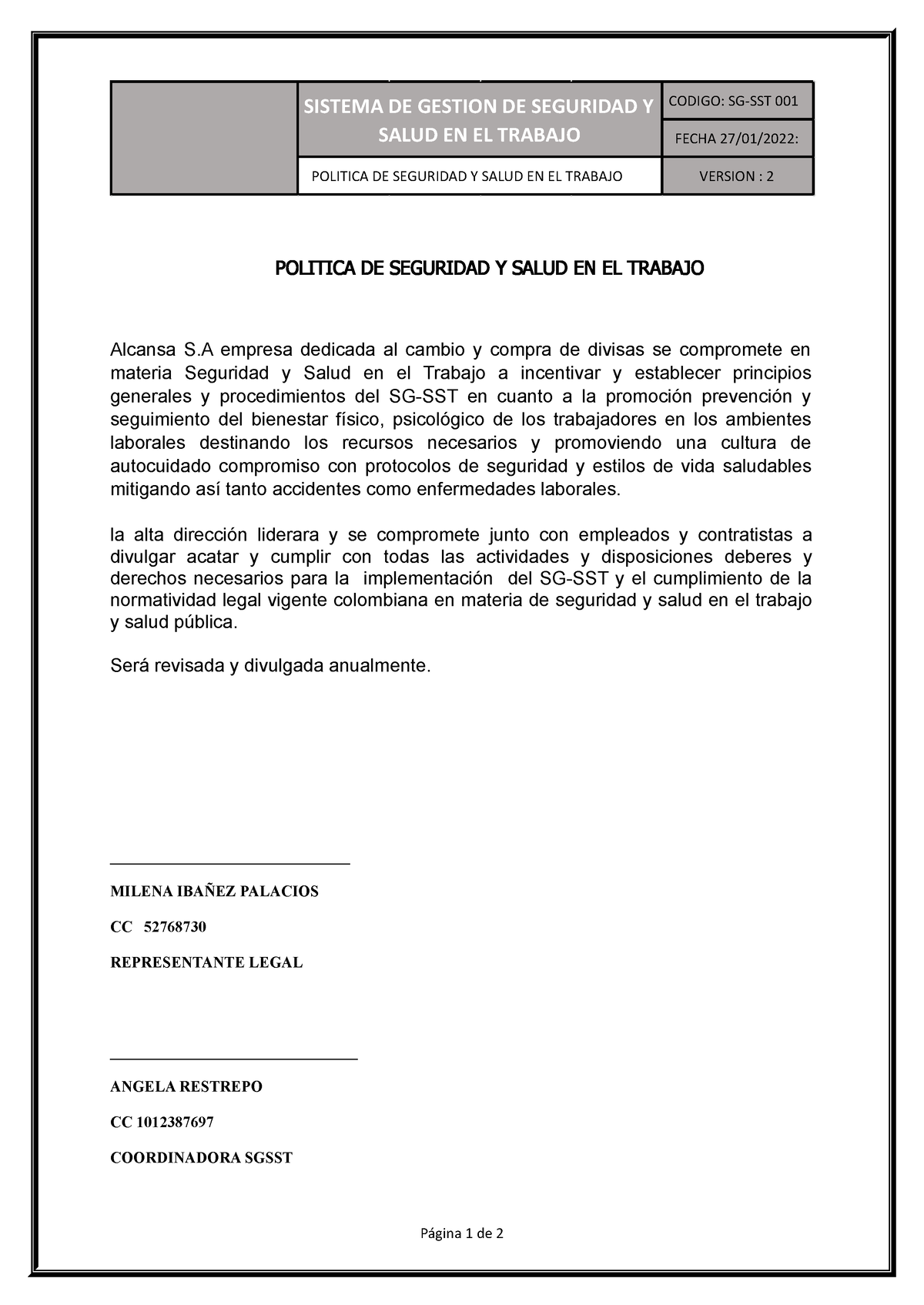 Anexo 23sg Sst 002 Política De Seguridad Y Salud 2 Politica De Seguridad Y Salud En El