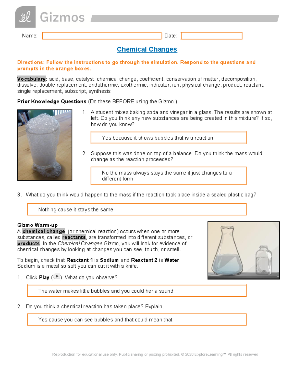 Copy of Chemical Changes SE copy - Name: Date: Chemical Changes ...
