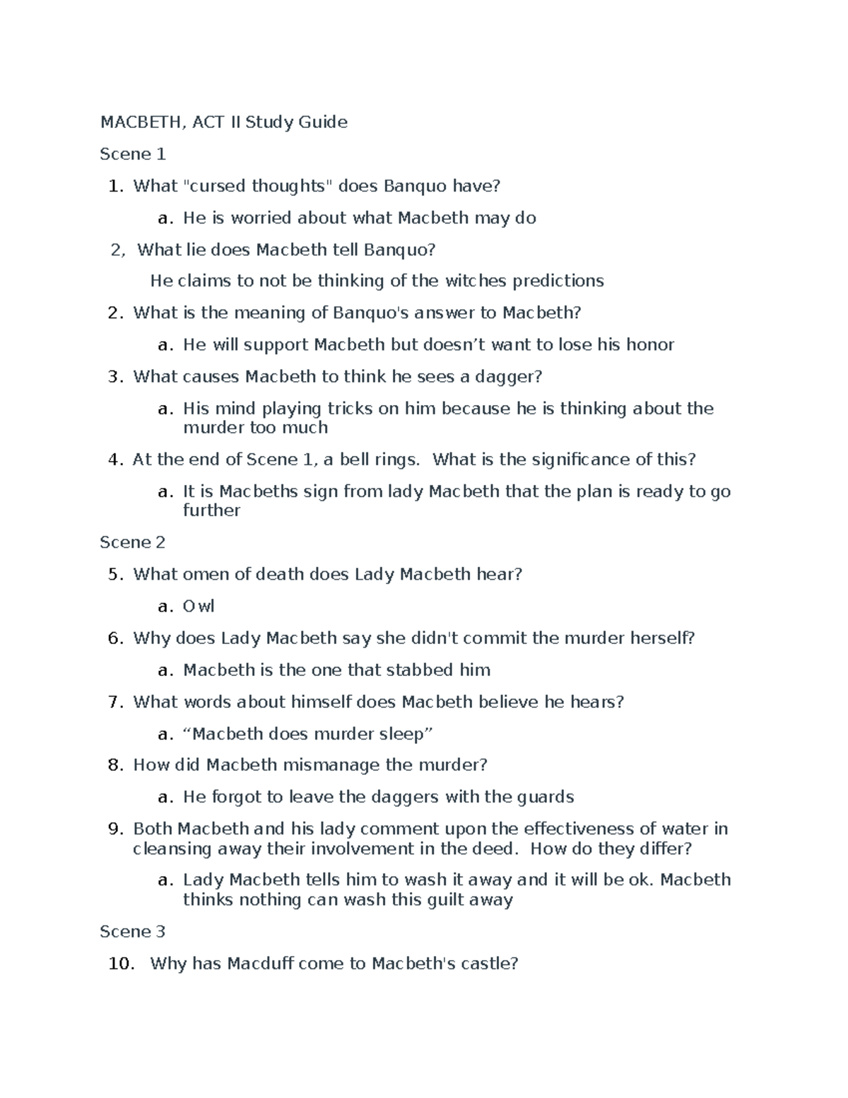 Act 2 study guide - MACBETH, ACT II Study Guide Scene 1 What cursed 