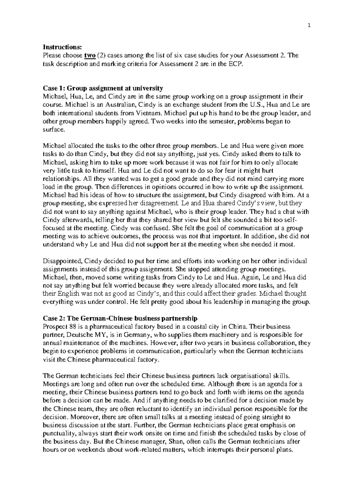 Assessmen 2 Case studies list (2023) - Instructions: Please choose two ...