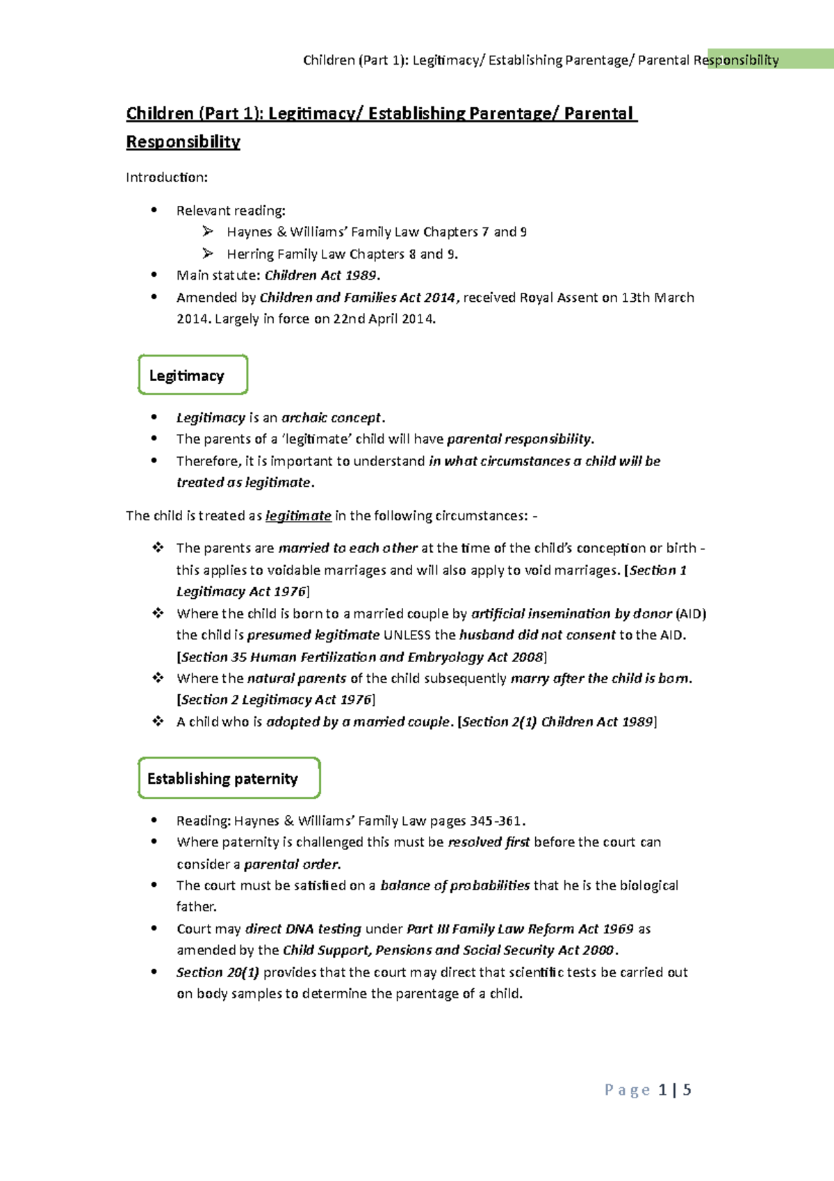 Children Part 1 - Children (Part 1): Legitimacy/ Establishing Parentage ...