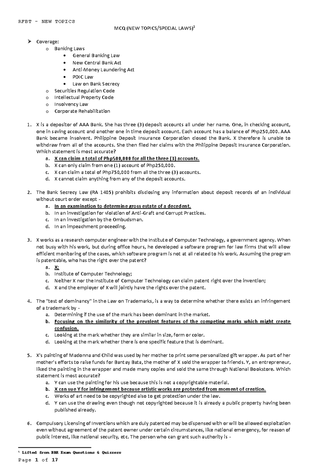 RFBT(Special Laws) - MCQs - MCQ (NEW TOPICS/SPECIAL LAWS) 1 Coverage: o ...