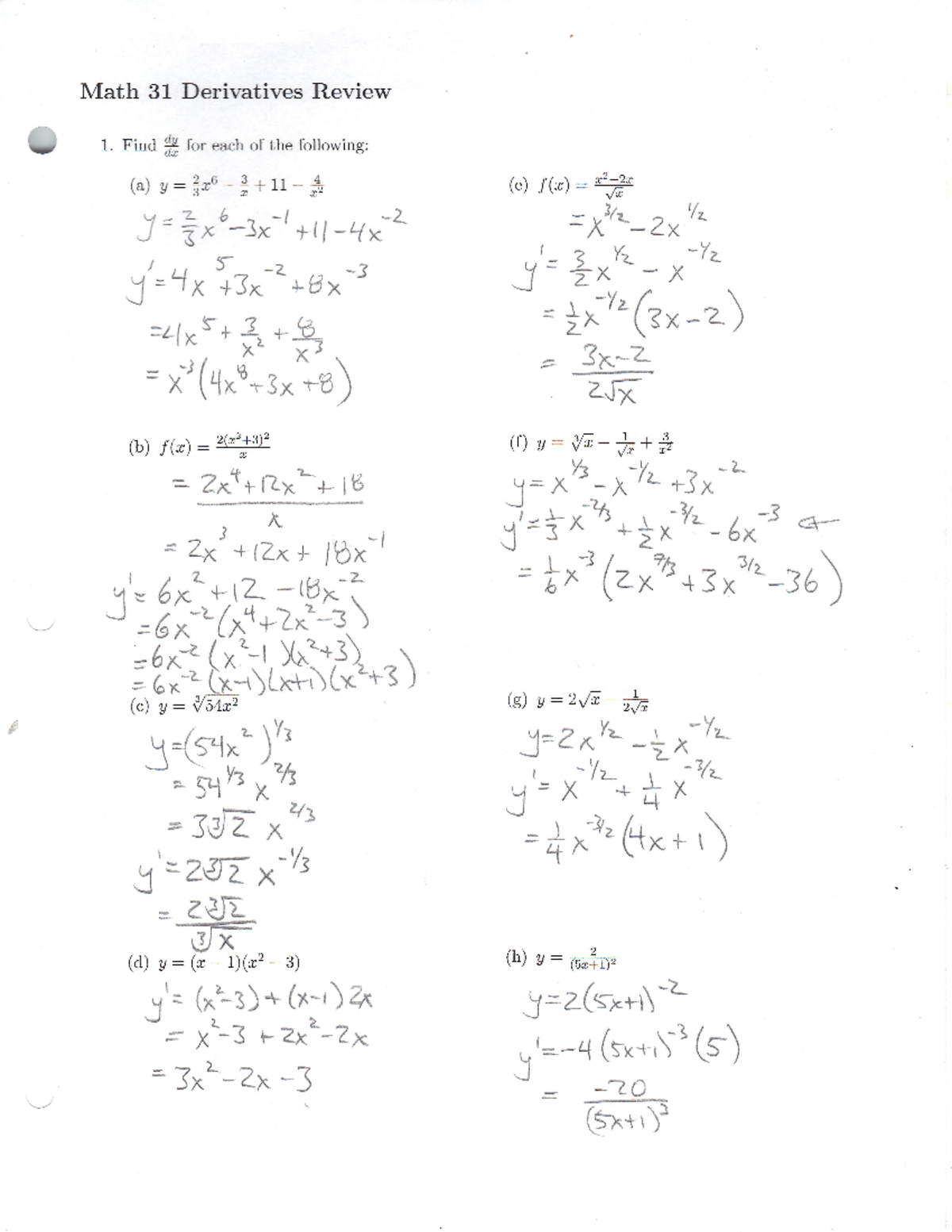 Math 31 Derivatives Review Solutions - Math100 - Studocu
