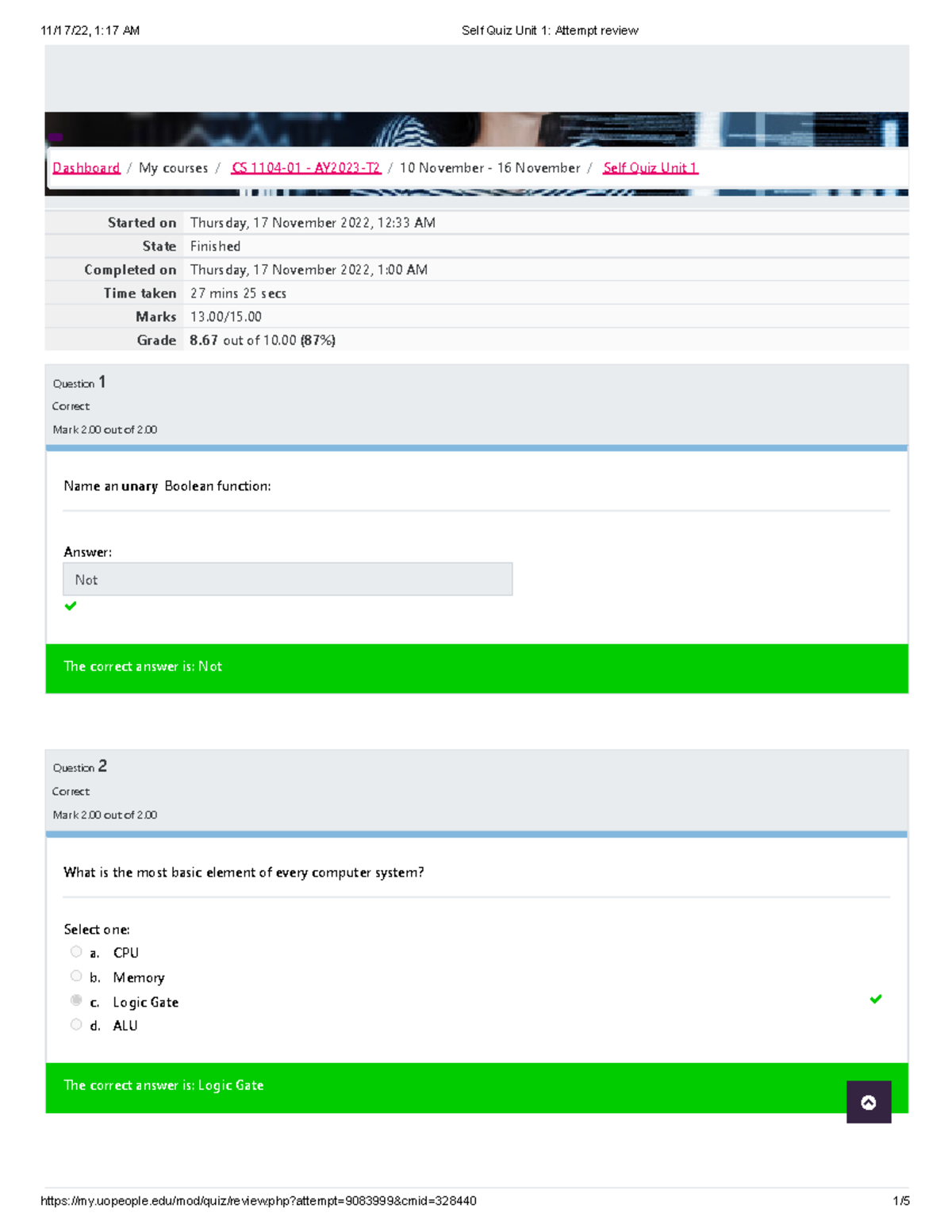 Self Quiz Unit 1 Attempt review - Started on Thursday, 17 November 2022 ...
