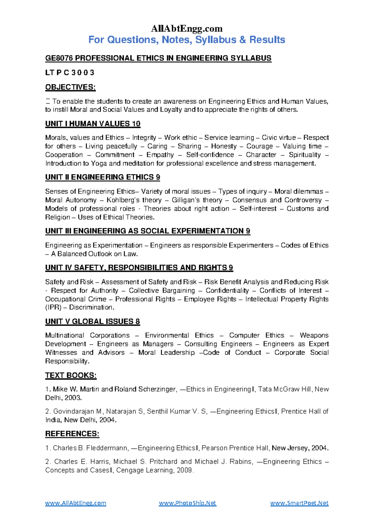 Professional Ethics in Engineering (Syllabus) - AllAbtEngg For ...