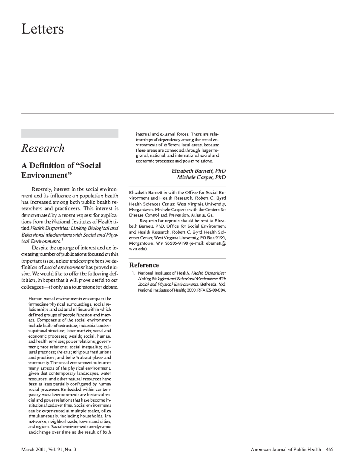 A definition ofsocial environment 1 Letters March 2001, Vol. 91, No