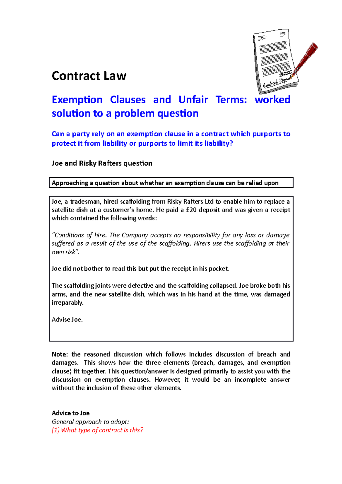 Exemption clauses & unfair terms sample questions and answers