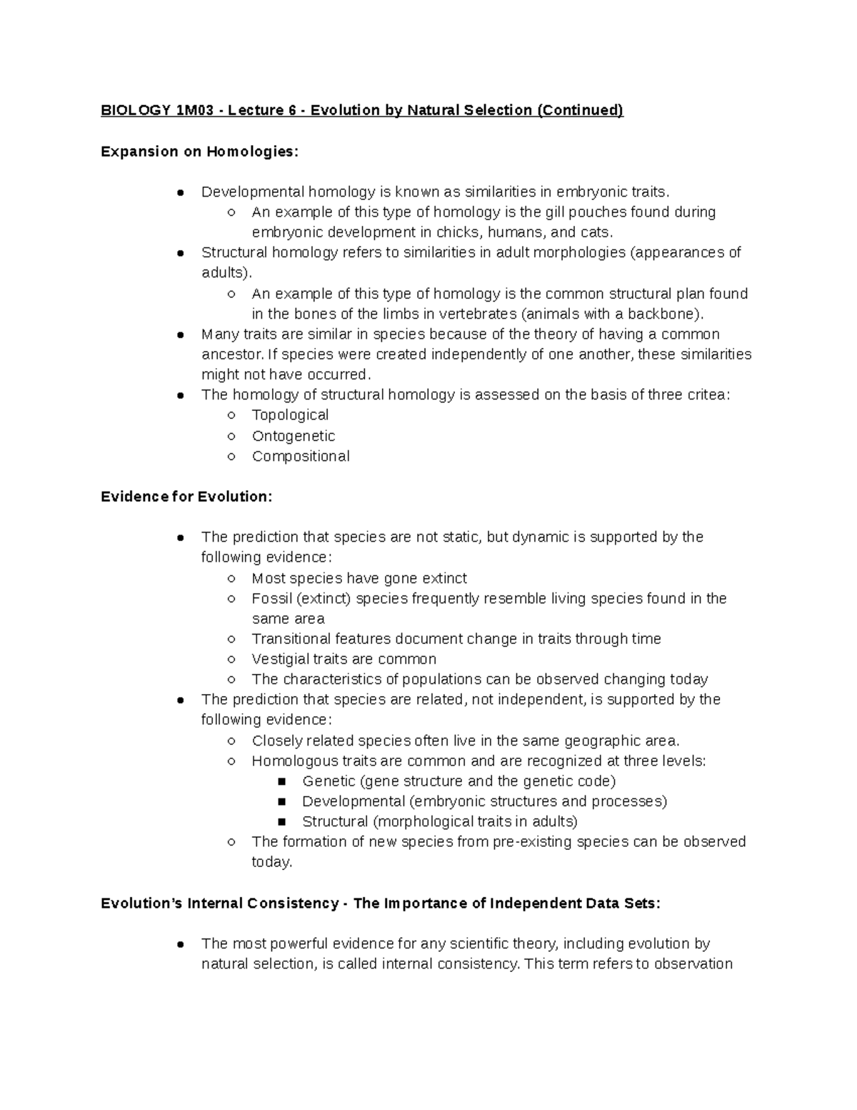 biology lecture six - BIOLOGY 1M03 - Lecture 6 - Evolution by Natural ...
