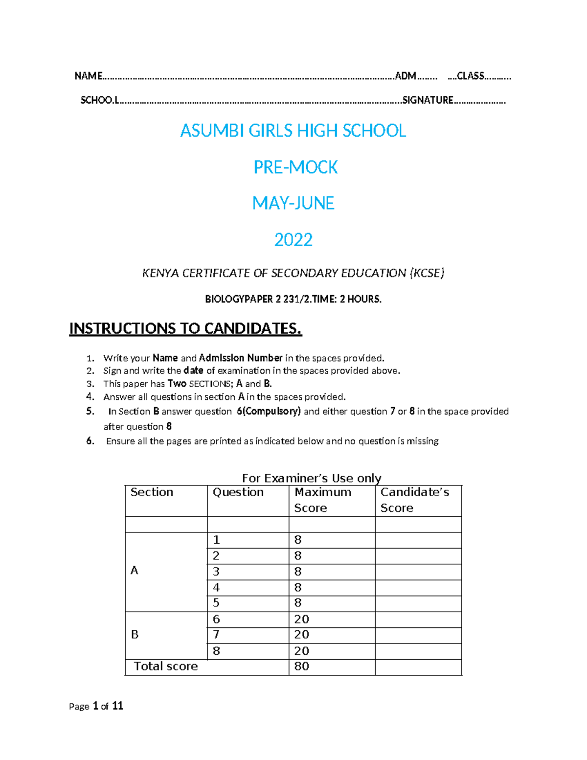231 2 BIO Question Paper 2 Qustions - - Studocu
